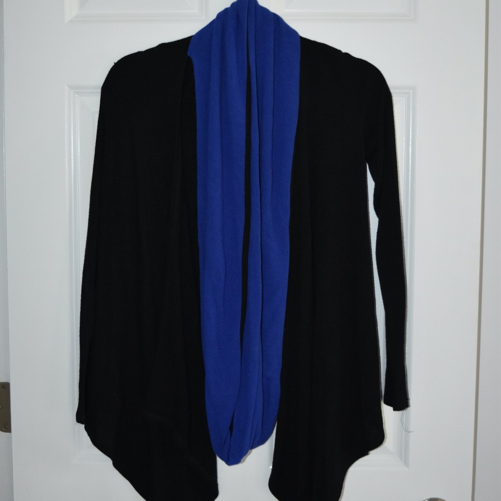 Black Cardigan with Attached Royal Blue Scarf